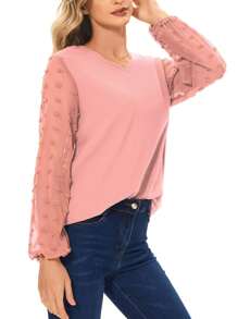 Swiss Dot Tops For Women Lantern Puff Long Sleeve V Neck Chiffon Loose Hem Blouses Fall Summer Dressy Casual Work Shirts - 粉色 - 查看 5