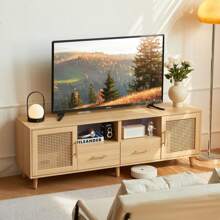 JanflyHome TV Stand For 70 Inch TV - Modern Wood Rattan Media Console With Charging Station Light Strip, Entertainment Cabinet Accents Storage Furniture With 2 Drawers For Living Room - 木頭 - 查看 2