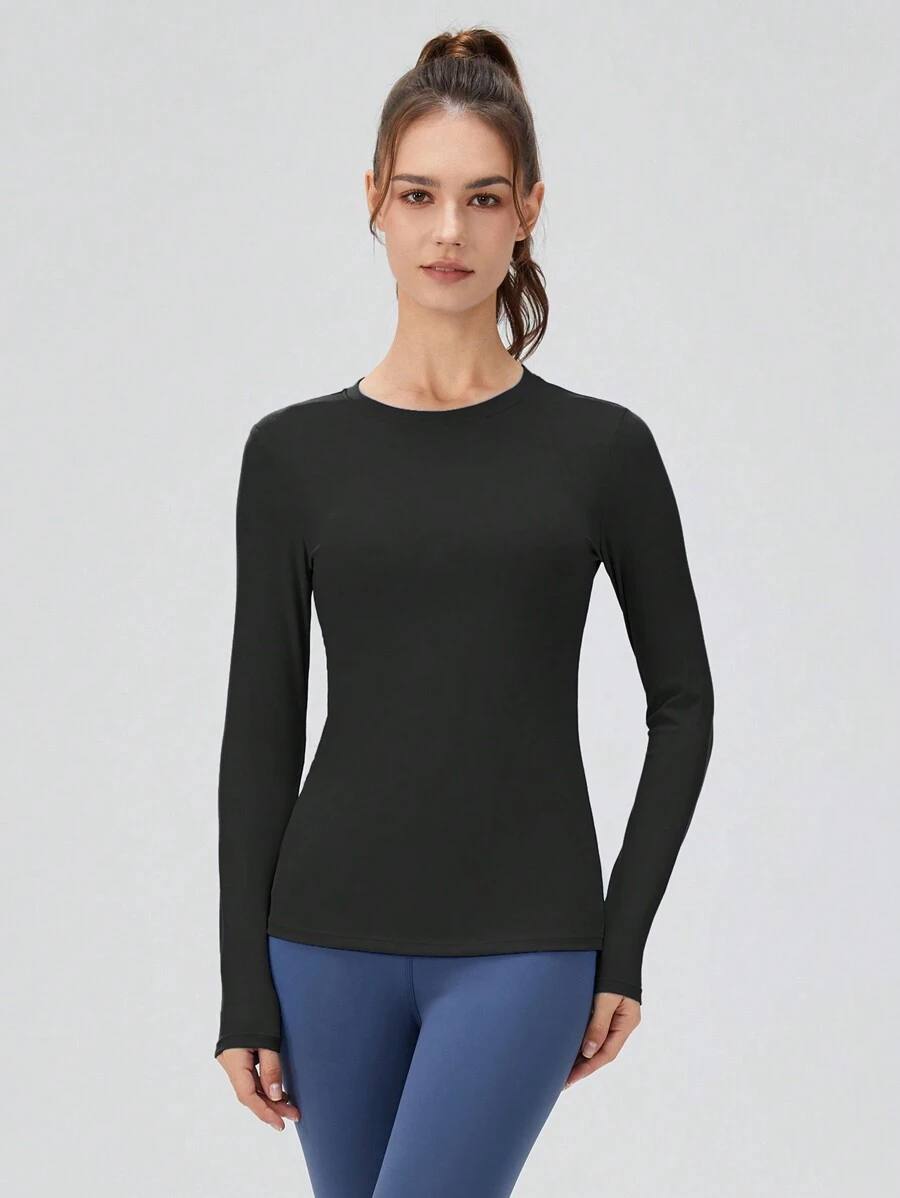 瑜伽運動服緊身彈力瑜伽運行長袖運動t恤衫 - 黑色 - 查看 1