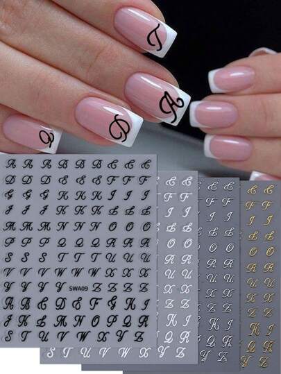 4PCS English Letter Nail Stickers Alphabet White Black Gold Silver DIY Adhesive Decals 3D Artistic Design Nail Art Decoration Manicure Nail Supplies