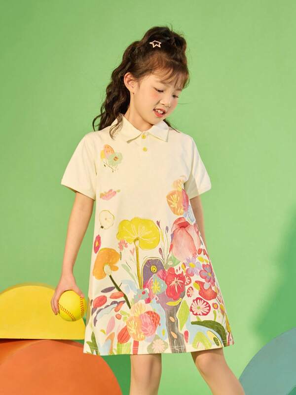 DIMU Tween Girl 1pc Summer 2024 New Sweet Print Casual Polo Collar Straight Medium Long Dress