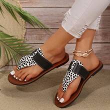 Dép xỏ ngón đế bằng mùa hè họa tiết da báo cho nữ, giày sandal mũi tròn, đế bệt, thường ngày có thể lật - họa tiết da báo trắng - Xem 5