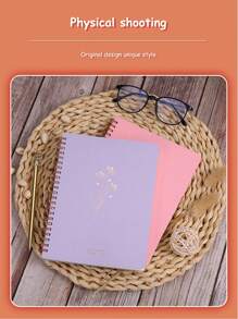 1入A5花卉封面筆記本，螺旋裝訂日記，硬面花卉筆記本，學習用品，日記筆記本，80頁 - 淺粉色 - 查看 4