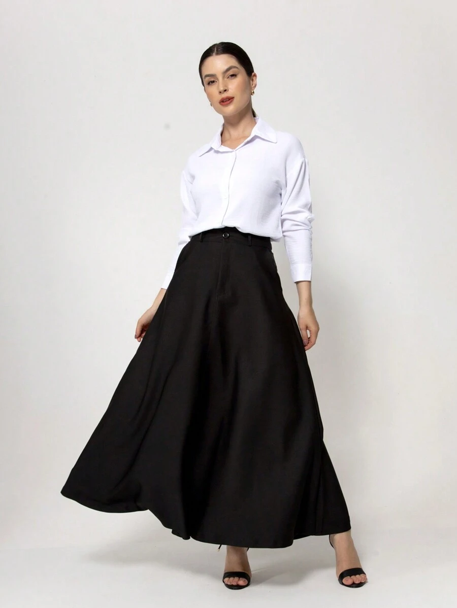 HZ Saia Longa Feminino Com Cinto Em Alfaiataria Moda Evangélica HZ-SAIA-007 - Preto - Visão 1