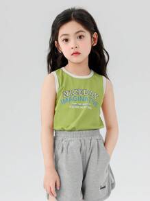 zosee 年轻女孩柔软卷边字母印花无袖背心，时尚小女孩 2024 年新款夏季上衣 - 綠色 - 查看 1