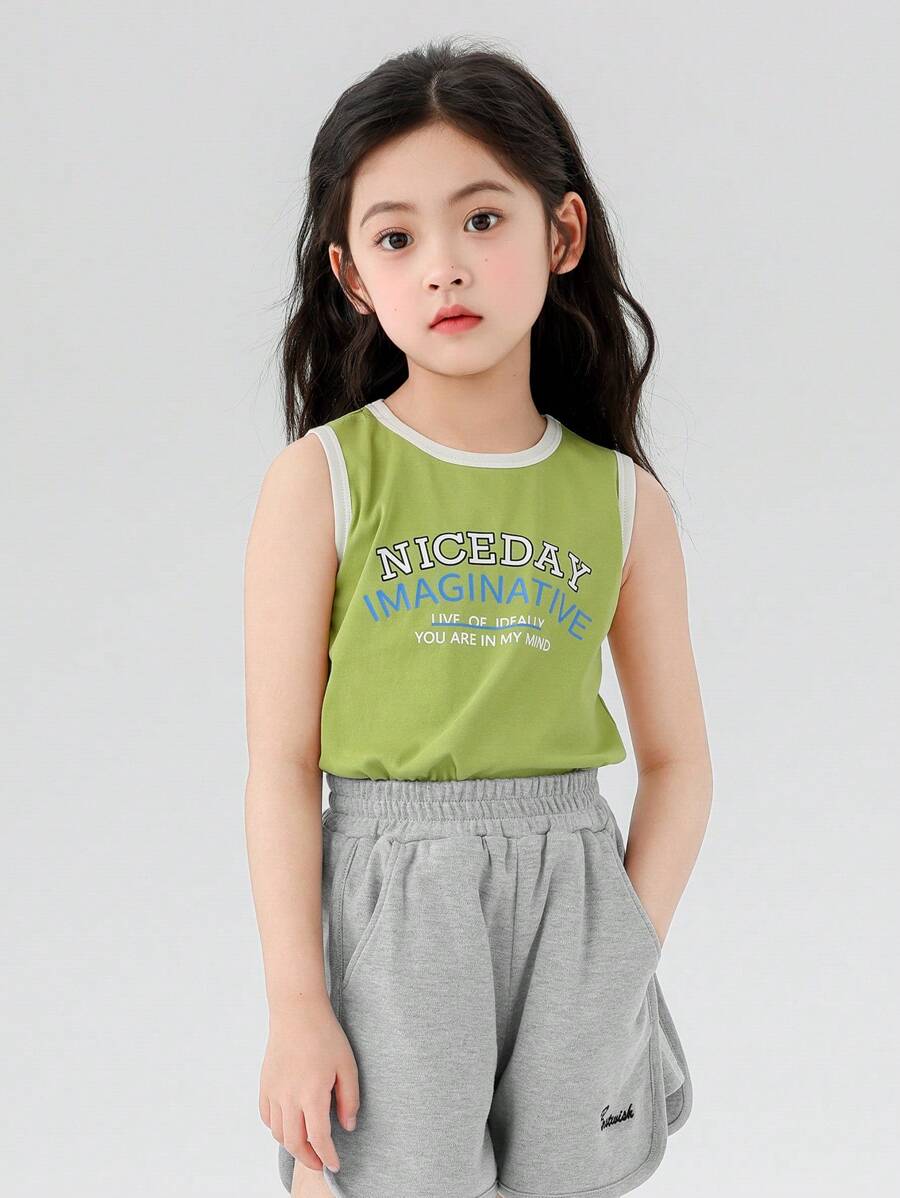 zosee 年轻女孩柔软卷边字母印花无袖背心，时尚小女孩 2024 年新款夏季上衣 - 綠色 - 查看 1