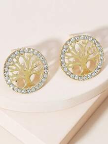 2pcs Simple & Fashionable Alloy Tree Of Life & Rhinestone Decor Stud Earrings, Suitable For Women's Daily Wear - Yellow Gold - View 8