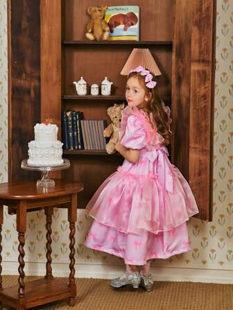 2024新款少女春夏裙，兒童蝴蝶結印花粉紅禮服，適用於生日、派對和正式場合