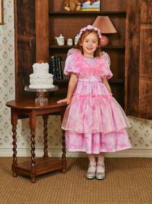 Young Girl Spring/Summer Dress, New Arrival 2024, Children's Bowknot Printed Pink Dress For Birthday, Party And Formal Event - Pink - View 3