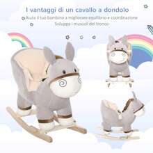 Dondolo Giocattolo a Forma di Asino per Bambini 18-36 in Legno di Pioppo e Peluche Grigio, Suoni Realistici - Grigio - Visualizzare 5