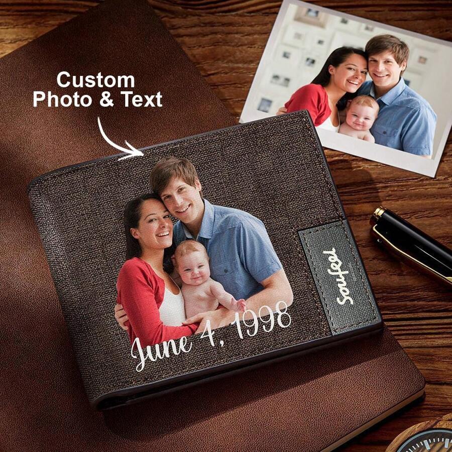 图片印刷 1 件定制照片和文字 PU 皮革钱包、定制雕刻图片钱包、个性化男士钱包、定制人造革钱包、个性化父亲节礼物、男士雕刻皮革、钱包、爸爸钱包、周年纪念礼物、父亲节礼物、送给爸爸的生日礼物、结婚礼物、送给男朋友/他/爸爸/丈夫的礼物 - 灰色 - 查看 1