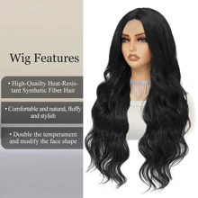 DZfirst Dài Tự nhiên Xoăn Sóng Ở giữa Phần Tóc giả xoăn Đen 26 Inch Sợi tổng hợp Chống nóng Tóc giả Hằng ngày Tóc giả sành điệu - màu đen - Xem 4