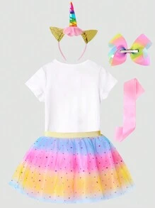 Young Girl Happy Birthday Unicorn T-Shirt Rainbow Star Tutu Dress Set With Headband Hair Clip Satin Ribbon - Multicolor - View 2