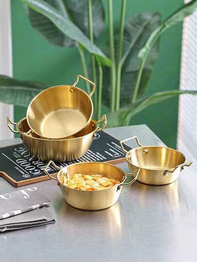 Cesta de Snacks de Aço Inoxidável Estilo Coreano, Bowl de Sake Resistente ao Calor de Duas Alças, Bowl de Snacks Redondo de Uma Alça, Bowl de Temperos, Cesta de Snacks Quadrada de Duas Alças com Alça Dourada, Cozinha, Presente de Natal, Suprimentos Escolares