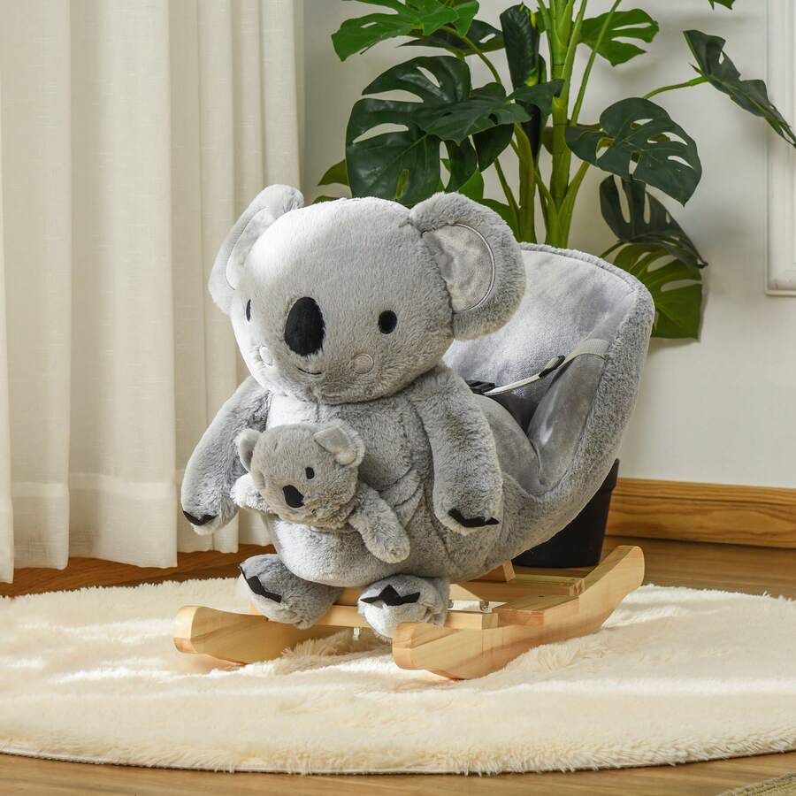 Cavallo a Dondolo Koala con Suoni, Cavalluccio a Dondolo per Bambini 18-36 Mesi in Peluche Grigio e Legno, 60x33x50cm - Grigio - Visualizzare 1
