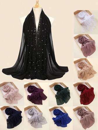 1 pieza Pañuelo de mujer multicolor de gasa con decoración de perlas falsas, un elegante pañuelo de cuatro estaciones con rhinestones y perlas de porcelana como adorno, ideal para protección solar, transpirable, envolver la cabeza, uso diario, festivales, vacaciones y chales para mujeres que usan abaya