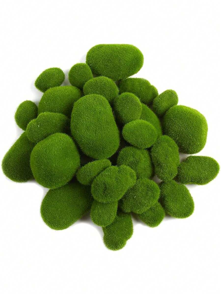 34pcs Artificial Moss Rocks, Green Floral Moss Balls Moss Covered Stones Fake Moss Decor For Floral Arrangements Fairy Gardens And Crafting 5 Size, Valentine Day, Gift,Garden Decor,Outdoor Plant,Gardening,Fake Flowers - Green - View 1