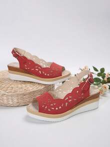 2025新款跨境贸易露趾坡跟凉鞋，绳带厚底休闲激光打孔女士露趾凉鞋 - 酒紅色 - 查看 5