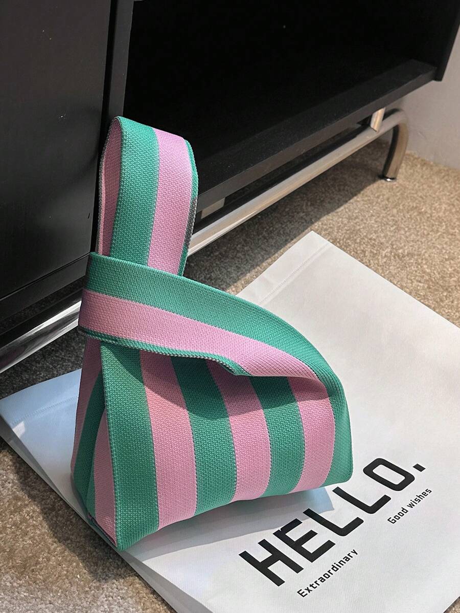 lulu kewen 1个打结钩编手提袋，条纹图案，适合青少年、女性、女孩、学生、上班族，可用于购物、度假、旅行、聚会、工作、户外活动。可存放手机、钥匙、口红、化妆品、硬币、小物件、护肤品和其他个人物品。 - 粉色 - 查看 1