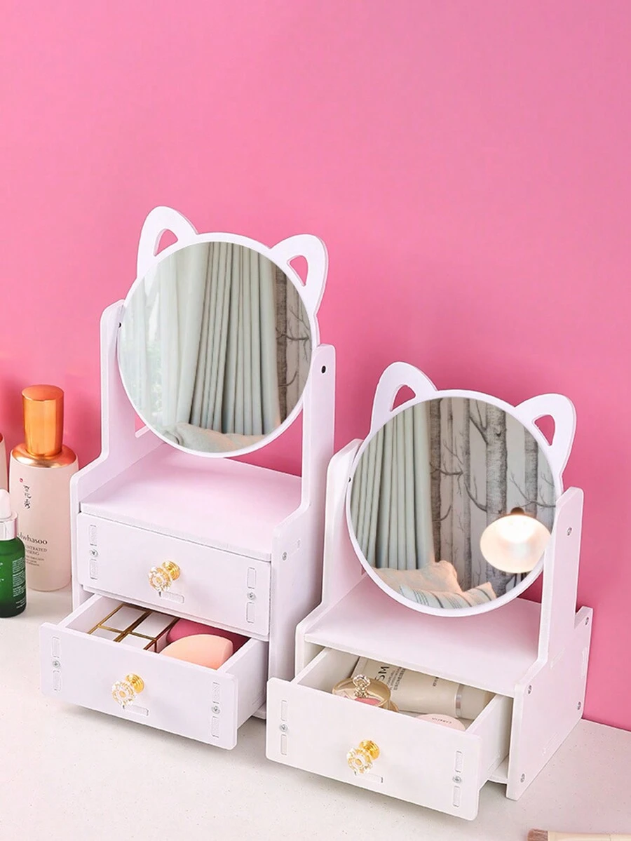 1 Miếng Phổ biến nhất Bàn làm việc Tai mèo Gương mỹ phẩm Có ngăn kéo Lưu trữ , Lý tưởng Đối với Sinh viên Và Cô gái - Gương trang điểm tai mèo - Xem 1