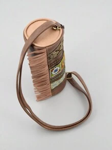 Dedoo 少數民族圓筒包女士斜挎包pu刺繡圓筒包復古小丑流蘇肩袋 - 棕色 - 查看 5