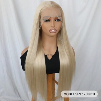 Pelucas Frontales De Encaje De Cabello Sintético De Color Rubio Claro, Sedosas De 13x4 Pulgadas Y Largas De Fibra Resistente Al Calor, Sin Pegamento, Reemplazo De Peluca De Encaje Frontal Con Cabello De Bebé Pre-desplumado Y Línea De Cabello Natural, De 26 Pulgadas Con Encaje Hd Transparente Y Parte Libre Para Mujeres Y Niñas De Moda En Fiestas, Vacaciones, Maquillaje O Uso Diario