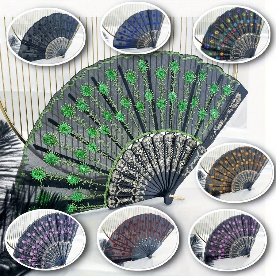 1片優雅豪華的女士折疊閃片繡花塑料扇，適用於復活節、音樂節、母親節、舞台表演和派對派對 - 多色 - 查看 1