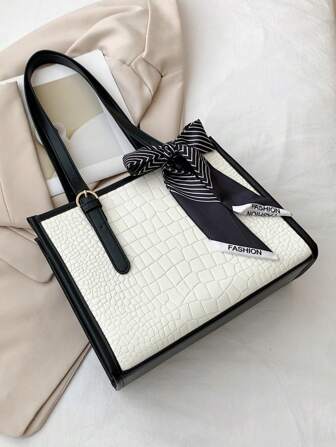 Crocodile Pattern Shoulder Square Bag With A Silk Scarf Gift
