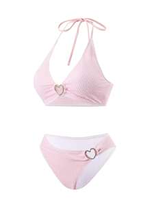 女士吊带比基尼套装，适合温泉和夏季沐浴 - 粉色 - 查看 5