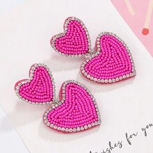 歐美時尚波西米亞風格紅色米形珠子和心形耳墜,女性手工編織耳環 - 雙愛心耳環 - 查看 9