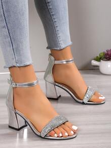 銀色鑽石裝飾高跟涼鞋,帶有腳踝帶扣,優雅風格,2024年夏季的新品到貨 - 銀色 - 查看 1