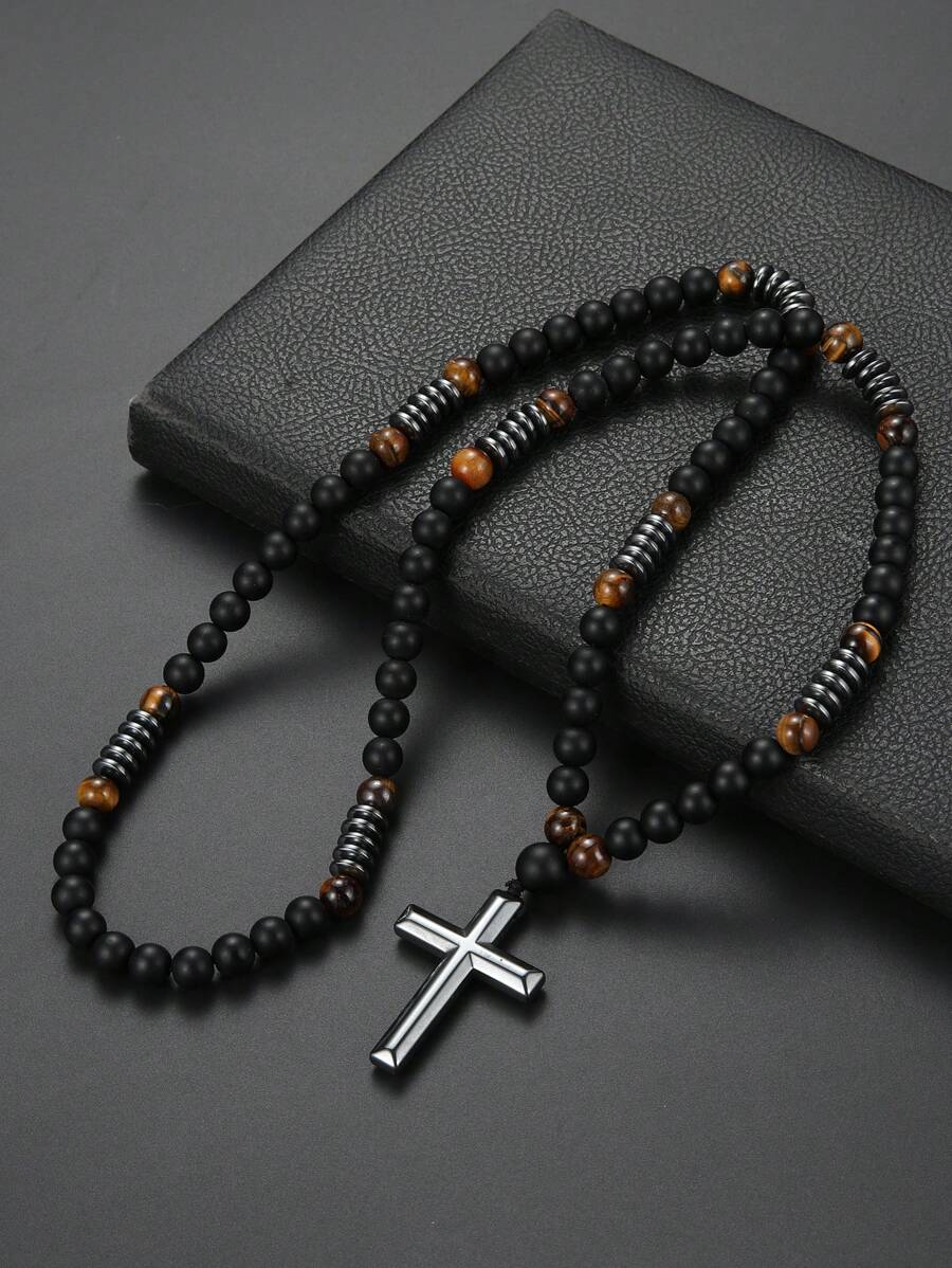 1pc Retro Natural Yellow Tiger Eyes Black Beaded Stone Men Necklace Suitable For Daily Wear - Black - View 1