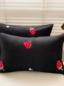 3pcs Strawberry Printed Duvet Cover And Pillowcase Set (Without Filler) - Black - View 8
