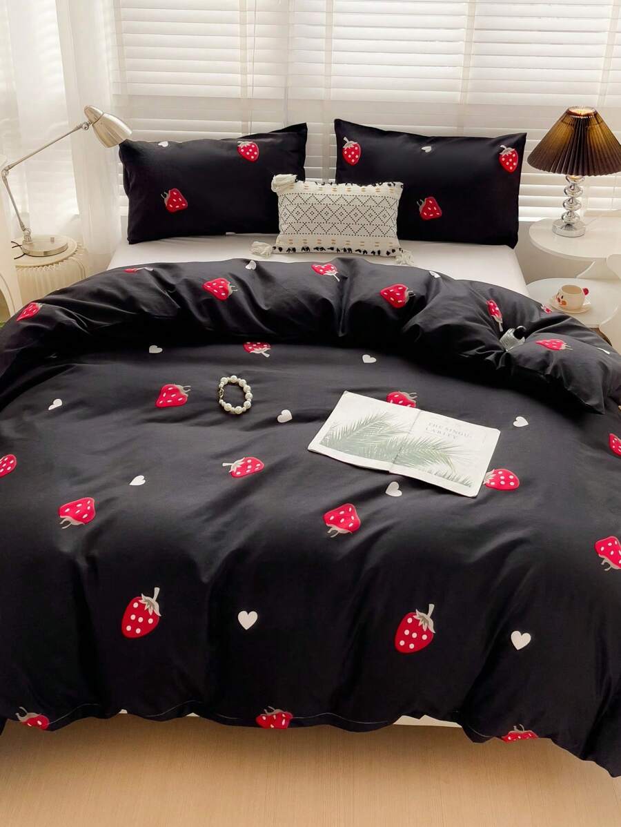 3pcs Strawberry Printed Duvet Cover And Pillowcase Set (Without Filler) - Black - View 1