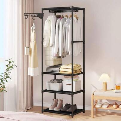 Arara Cabideiro Organizador com 3 Prateleiras Multiuso Preto