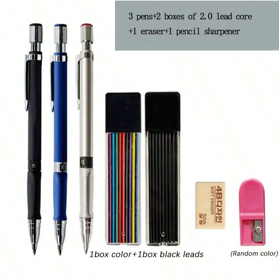 7 Pieces/Set 2.0mm Mechanical Pencil Set, 2B Black/Colored Lead Filled Writing, Sketching Art, Painting Style Automatic Pencils (Three Pens, Two Boxes Of Lead, One Eraser, And One Pencil Sharpener) Back To School - Style2 - View 1