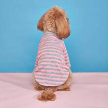 1 Stück gestreiftes Rundhals Haustier T-Shirt, geeignet für Katzen/Hunde, Frühlings- und Sommer-Outdoor-Bekleidung - Pink - Übersicht 4