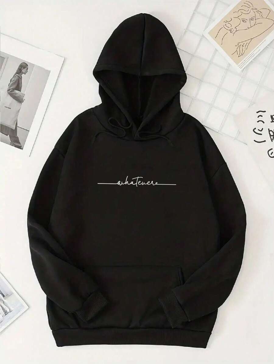 Hombres Capucha con estampado de letra & forro térmico - Negro - Ver 1