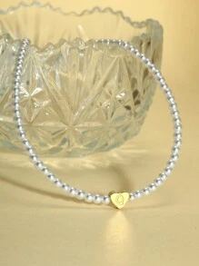 1pc Simple All-Match 26 Letters Pendant Faux Pearl Necklace, Essential For Traveling And Vacation - White - View 35