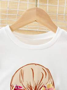 Tween Girl Cartoon Characters Printed Short Sleeve Top With Flower Print Casual Pants Set - White - View 3