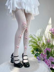 1 Pair Women's Hollow Bowknot Fishnet Stockings, Sweet Pantyhose For Daily Wear, Spring/Summer - Pink - View 1