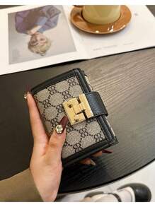 Portofel scurt pentru femei cu imprimeu cu flori negre Suport card antifurt pentru carte de credit La modă Lacăt pătrat auriu și sloturi multiple pentru card și design portabil Business Casual pentru femei Portofel Poșetă Portofel mic Portofel