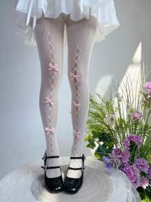 1 Pair Women's Hollow Bowknot Fishnet Stockings, Sweet Pantyhose For Daily Wear, Spring/Summer - Pink - View 2