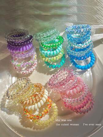 6件套女士螺旋发圈弹性发带橡胶发圈马尾辫甜美可爱卡通彩色发饰女士日常装饰休闲、学校、多巴胺马尾辫夹