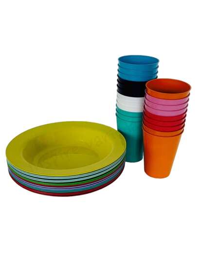 Kit 3 Copo e 3 Pratos Reutilizável Redondo Plástico Colorido Infantil Criança Escola Merenda