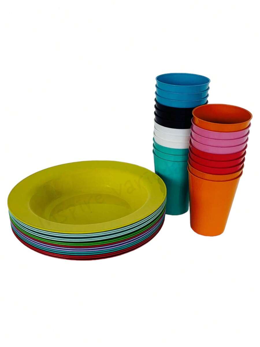 Kit 3 Copo e 3 Pratos Reutilizável Redondo Plástico Colorido Infantil Criança Escola Merenda - Multicolorido - Visão 1