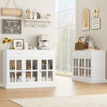 Furchen Credenza Cucina, Mobile Cucina Dispensa, Buffet Mobile, Credenza, Vetrina da Soggiorno, con 3 Ante in Vetro, 2 Cassetti, Ripiani Regolabili, Legno e Vetro, Bianco, 120x40x84 cm