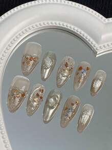 10pcs/Set Medium Long Almond Shaped Handmade Delicate Fake Nails, Gentle & Noble Champagne Ombre, Silver White French Fade, Colorful Foil Paper 3d Decorative Accessories, Adhesive Fashionable False Nail Kit For Women & Girls, Suitable For Party, Daily Wear Press On Nails Nail Supplies