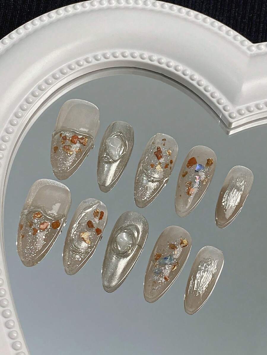 10pcs/Set Medium Long Almond Shaped Handmade Delicate Fake Nails, Gentle & Noble Champagne Ombre, Silver White French Fade, Colorful Foil Paper 3d Decorative Accessories, Adhesive Fashionable False Nail Kit For Women & Girls, Suitable For Party, Daily Wear Press On Nails Nail Supplies