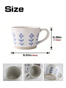 Aesthetically Handcrafted Coarse Pottery Coffee Mug With Wooden Coaster/Without Coaster, Small Blue Flower/Geometric Triangle Pattern Design, Suitable For Home And Office Use Back To School